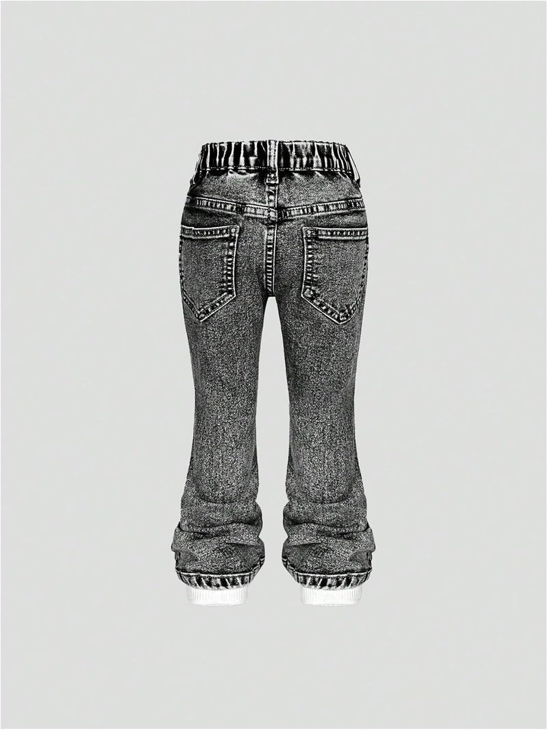 WDIRARA Toddler Girl's Star Print Ripped Flare Jeans Elastic Waist Asymmetrical Bell Bottom Denim Pants - Image 1